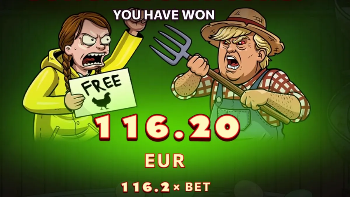 Egg Inc. slot game screen na nagpapakita ng mga cartoon farm symbols at bonus features.