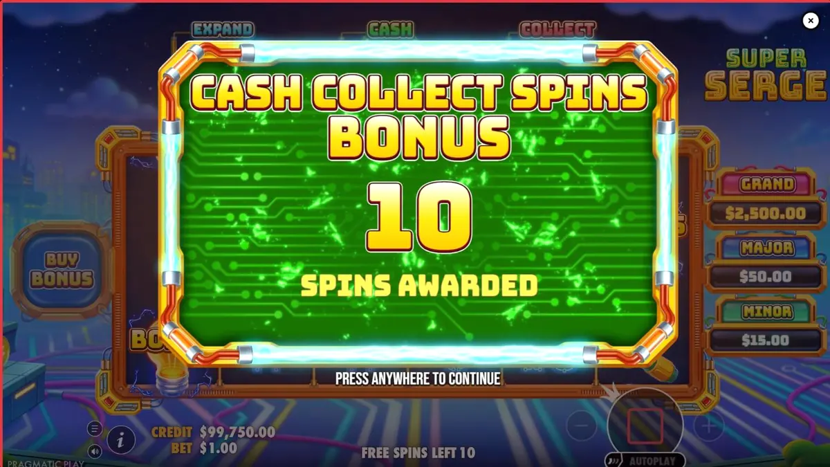 Futuristic at neon-lit na interface ng Super Serge slot game