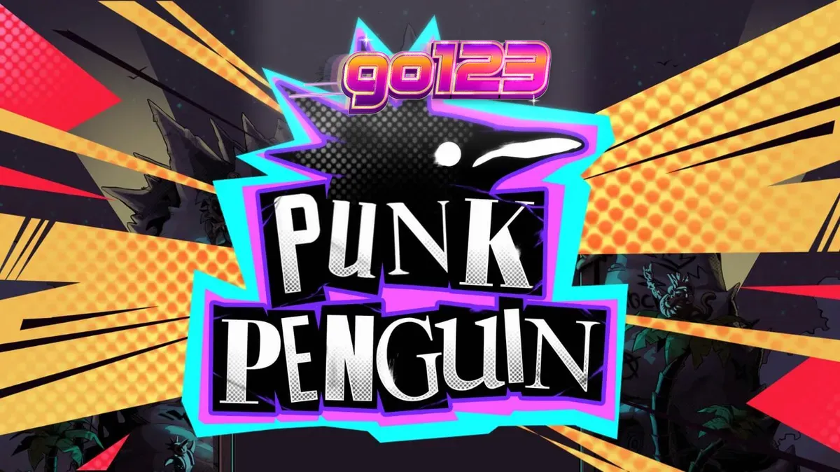 Isang makulay at maingay na slot machine na may temang punk rock penguin.